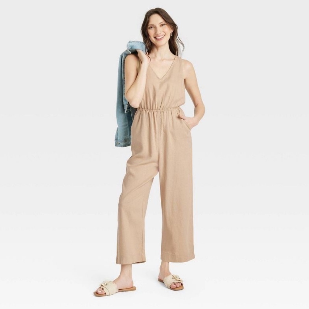 Universal Thread Womens Linen
Sleeveless Open Back Jumpsuit Tan S - Picture 2 of 4